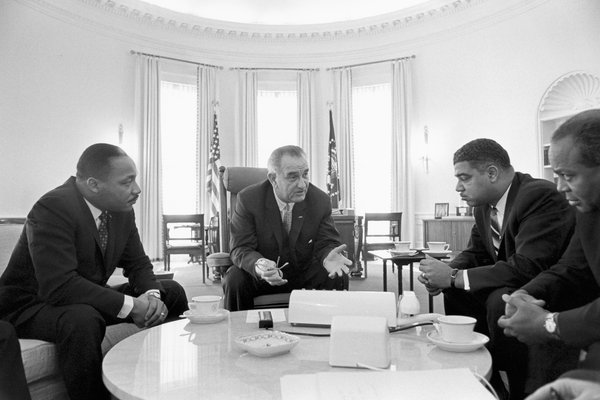 Lyndon B. Johnson meeting with Martin Luther King, Jr. (left),
Whitney M. Young Jr., and  James Farmer in 1964.

Photo courtesy of Universal History Archive/Getty Images